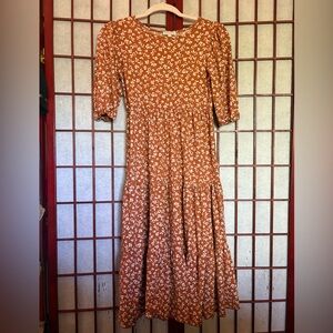 Girls Orange Floral Dress with Puff Sleeves